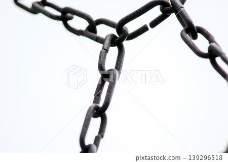 Detailed macro shot of heavy weathered metal chain links representing strength and industrial texture Detailed macro shot of heavy weathered metal chain links representing strength and industrial texture 139296518