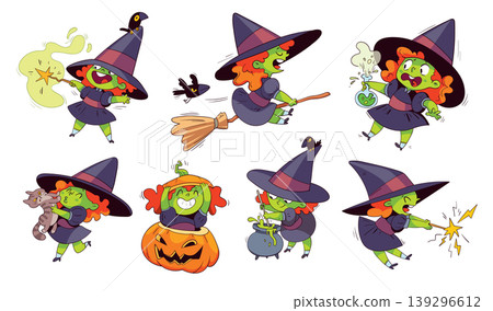Cute cartoon witch character set in playful Halloween scenes Cute cartoon witch character set in playful Halloween scenes 139296612