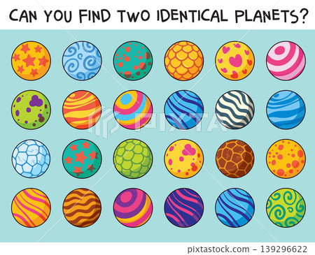 Find Two Same Planets. Colorful cartoon planets set for children educational worksheets 139296622
