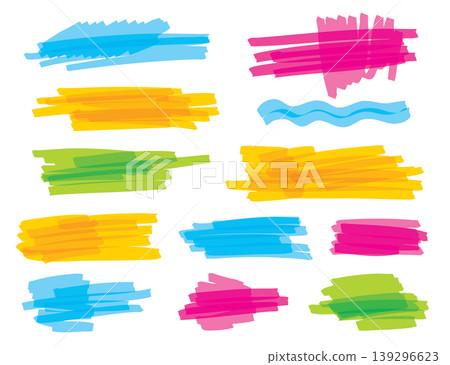 Bright colorful marker strokes set, hand-drawn abstract brush lines and scribbles Bright colorful marker strokes set, hand-drawn abstract brush lines and scribbles 139296623