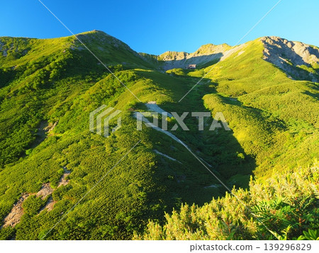 Mount Senjōgatake in the Southern Alps, bathed in the morning sun in summer. Mount Senjōgatake in the Southern Alps, bathed in the morning sun in summer. 139296829