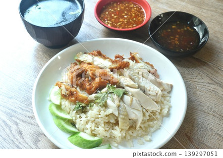 steamed rice topping chop crispy fried and boiled chicken on plate with chili sauce couple soup 139297051