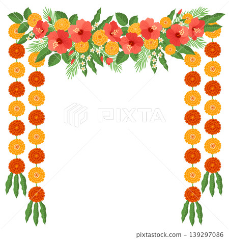 Traditional Indian flower garland with hibiscus, marigold flowers and mango leaves. Decoration for Indian Hindu holidays or weddings. Traditional Indian flower garland with hibiscus, marigold flowers and mango leaves. Decoration for Indian Hindu holidays or weddings. 139297086