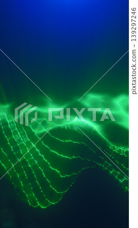 Abstract green digital landscape with glowing wave lines and misty energy flowing across a futuristic horizon. Abstract green digital landscape with glowing wave lines and misty energy flowing across a futuristic horizon. 139297246