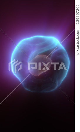 Glowing blue cell-like form with nucleus on purple background, abstract biology and microbiology concept 139297263