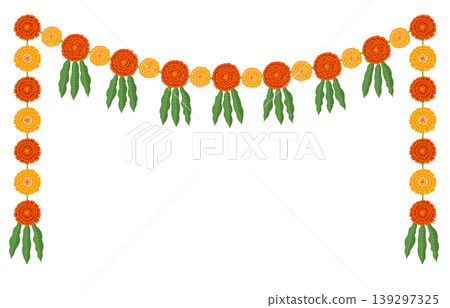 Traditional Indian flower garland with marigold flowers and mango leaves. 139297325