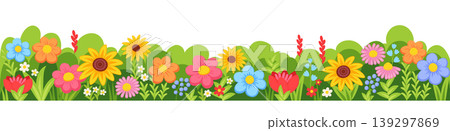 Horizontal seamless floral border decorated with blooming flowers and leaves. Spring and summer botanical border. Horizontal seamless floral border decorated with blooming flowers and leaves. Spring and summer botanical border. 139297869