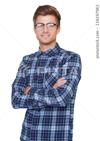 Man, portrait and smile in studio with arms crossed and vision or glasses for fashion and designer eyewear. Person, face and optometry with prescription eyeglasses or spectacles on white background Man, portrait and smile in studio with arms crossed and vision or glasses for fashion and designer eyewear. Person, face and optometry with prescription eyeglasses or spectacles on white background 139297963