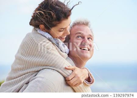 Mature couple, happy and outdoor on vacation, travelling and weekend for enjoying holiday. Man, woman and bonding together with smile, marriage and commitment with affection, blue skies and joyful Mature couple, happy and outdoor on vacation, travelling and weekend for enjoying holiday. Man, woman and bonding together with smile, marriage and commitment with affection, blue skies and joyful 139297974