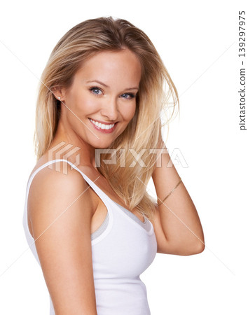 Beauty, portrait and hair care with a woman in studio for glow, shine and flawless skin. Face of a happy female model person on a white background with confidence, dermatology and cosmetics or makeup Beauty, portrait and hair care with a woman in studio for glow, shine and flawless skin. Face of a happy female model person on a white background with confidence, dermatology and cosmetics or makeup 139297975