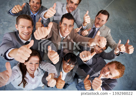 Portrait, group and happy business people thumbs up for motivation, corporate feedback or job well done . Emoji like icon, top view and professional team yes sign for voting opinion agreement Portrait, group and happy business people thumbs up for motivation, corporate feedback or job well done . Emoji like icon, top view and professional team yes sign for voting opinion agreement 139298022