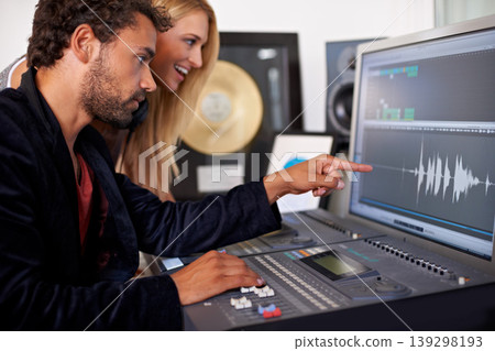 Sound engineer, DJ and recording studio monitoring on music, radio and audio with tech and staff. Producer, media edit and professional employee with synthesizer and happy from podcast industry Sound engineer, DJ and recording studio monitoring on music, radio and audio with tech and staff. Producer, media edit and professional employee with synthesizer and happy from podcast industry 139298193