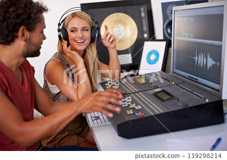 Sound engineer, DJ smile and recording studio working on music, radio and audio with tech and staff. Producer, media edit and professional employee with synthesizer and happy from podcast industry Sound engineer, DJ smile and recording studio working on music, radio and audio with tech and staff. Producer, media edit and professional employee with synthesizer and happy from podcast industry 139298214