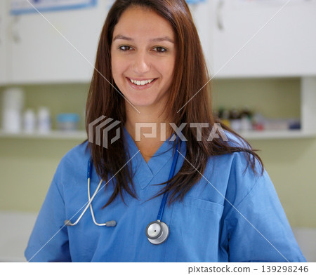 Happy woman, portrait and veterinarian nurse at clinic for animal care, shelter or health service. Face of female person, nurse or medical pet surgeon smile in confidence for healthcare at vet Happy woman, portrait and veterinarian nurse at clinic for animal care, shelter or health service. Face of female person, nurse or medical pet surgeon smile in confidence for healthcare at vet 139298246