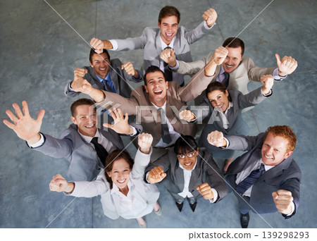 Portrait, excited group and business people celebration, teamwork and happy for company success, achievement or cheers. Winner happiness, top view and professional team celebrate corporate solidarity Portrait, excited group and business people celebration, teamwork and happy for company success, achievement or cheers. Winner happiness, top view and professional team celebrate corporate solidarity 139298293
