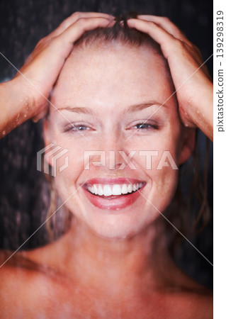 Woman, happy or shower for relax in portrait, health wellness or water for washing in bathroom. Young, face and skincare for grooming with cleaning body and self care for beauty in apartment Woman, happy or shower for relax in portrait, health wellness or water for washing in bathroom. Young, face and skincare for grooming with cleaning body and self care for beauty in apartment 139298319