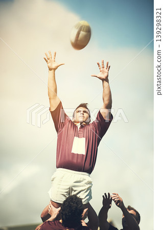 Rugby, sports and ball with man on field for training, health and stadium practice. Challenge, competition and athlete performance with male person in outdoor pitch for exercise, games and workout Rugby, sports and ball with man on field for training, health and stadium practice. Challenge, competition and athlete performance with male person in outdoor pitch for exercise, games and workout 139298321