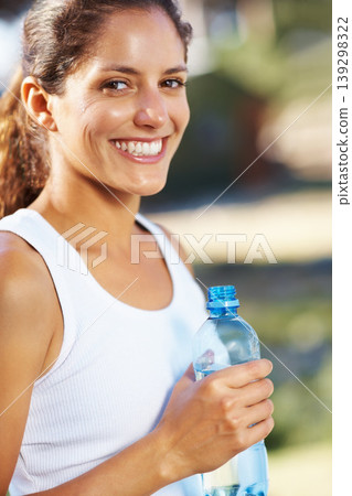 Fitness, portrait and happy woman with water in a park for running, wellness or weight loss training. Sports, liquid or runner face in nature for exercise with positive mindset, energy or attitude 139298322