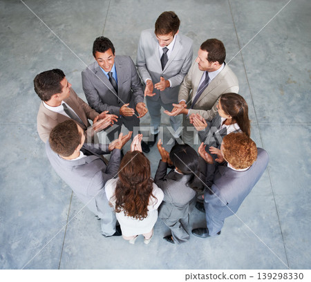 Circle, applause or professional people celebrate, praise or congratulations for success, achievement or promotion. Motivation, top view group or teamwork celebration, clapping or winner announcement Circle, applause or professional people celebrate, praise or congratulations for success, achievement or promotion. Motivation, top view group or teamwork celebration, clapping or winner announcement 139298330