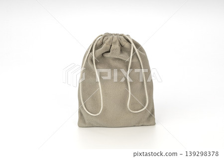 Soft Gray Microfiber Drawstring Pouch Bag with Cotton Rope Ties Isolated on Clean White Studio Background for Product Packaging Concept Soft Gray Microfiber Drawstring Pouch Bag with Cotton Rope Ties Isolated on Clean White Studio Background for Product Packaging Concept 139298378