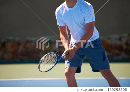 Man, racket and ready for tennis match, athlete and sports on court, turf and fitness. Male person, cardio and exercise or practice in outdoors, training and active for competition, skill and game Man, racket and ready for tennis match, athlete and sports on court, turf and fitness. Male person, cardio and exercise or practice in outdoors, training and active for competition, skill and game 139298508