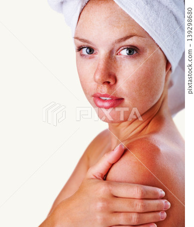 Woman, portrait and skincare shower for routine, head towel and cleaning hygiene with beauty. Glow, wellness and dermatology with face, female model and white background for grooming and cosmetics 139298680