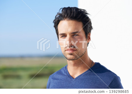 Thinking, man and relax in the sun with idea and calm with memory and modern fashion. Patio, outdoor and contemplating with a male person from California in the summer sunshine with confidence Thinking, man and relax in the sun with idea and calm with memory and modern fashion. Patio, outdoor and contemplating with a male person from California in the summer sunshine with confidence 139298685