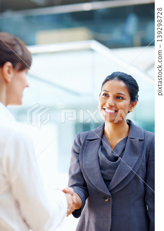 Business women, handshake and introduction to job interview, Human Resources meeting or welcome for hiring. Professional people or clients shaking hands for recruitment, career success or opportunity 139298728
