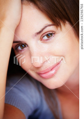 Happy, relax and portrait of woman with beauty and positive attitude, confidence and calm in home. Attractive, house and face closeup of person with joyful, smile and cheerful facial expression Happy, relax and portrait of woman with beauty and positive attitude, confidence and calm in home. Attractive, house and face closeup of person with joyful, smile and cheerful facial expression 139298768