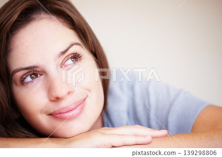 Rest, thinking and face of woman in home for wonder, daydreaming and comfortable in house. Ideas, thoughtful and person for plans, reflection and wake up for health, wellness and calm in morning 139298806
