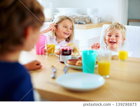Happy, kitchen and children eating breakfast together for healthy, wellness and diet meal. Smile, laughing and kid siblings bonding and enjoying lunch or brunch by wooden table at modern family home. Happy, kitchen and children eating breakfast together for healthy, wellness and diet meal. Smile, laughing and kid siblings bonding and enjoying lunch or brunch by wooden table at modern family home. 139298873