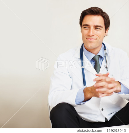 Surgeon, thinking doctor and relax man brainstorming problem solving solution, healthcare or clinic ideas. Medical cardiology, mockup space and medicine development expert on white background wall Surgeon, thinking doctor and relax man brainstorming problem solving solution, healthcare or clinic ideas. Medical cardiology, mockup space and medicine development expert on white background wall 139298943