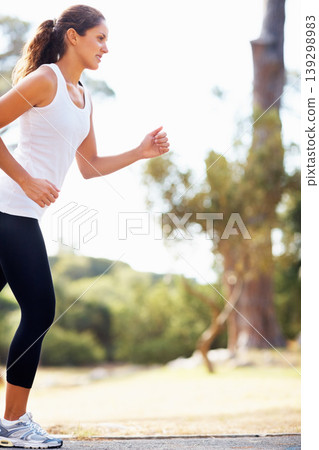 Running, health and park with woman in nature for fitness, speed and cardio challenge. Wellness, sports and workout with female runner training in outdoor path for exercise, fast and performance Running, health and park with woman in nature for fitness, speed and cardio challenge. Wellness, sports and workout with female runner training in outdoor path for exercise, fast and performance 139298983