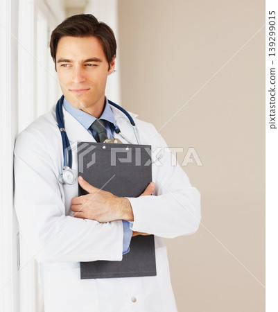Man, doctor and thinking by window at hospital with clipboard for prescription, research or medical historyl. Male person or surgeon in wonder for diagnosis, appointment or life insurance at clinic Man, doctor and thinking by window at hospital with clipboard for prescription, research or medical historyl. Male person or surgeon in wonder for diagnosis, appointment or life insurance at clinic 139299015