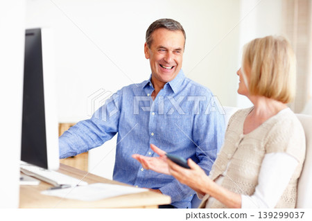Financial, budget or senior couple with computer in home for retirement savings or pension planning. Banking, investment fund update or mature man talking to a woman for house bills or profit growth Financial, budget or senior couple with computer in home for retirement savings or pension planning. Banking, investment fund update or mature man talking to a woman for house bills or profit growth 139299037