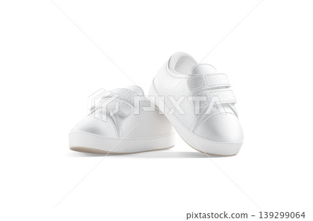 Blank white baby shoes pair mockup on tiptoe png, transparent background, 3d renderig. Empty slip-on sneakers for infant or toddler mock up cut out. Clear small gumshoes for kid sport outfit template. Blank white baby shoes pair mockup on tiptoe png, transparent background, 3d renderig. Empty slip-on sneakers for infant or toddler mock up cut out. Clear small gumshoes for kid sport outfit template. 139299064