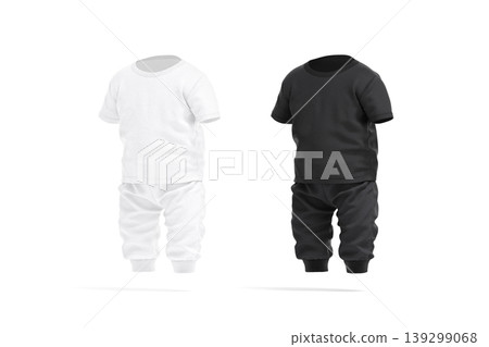 Blank black and white baby suit mock up png, side view, transparent background, 3d rendering. Empty jumpsuit with t shirt and joggers mockup cut out. Clear jersey pajamas or overalls for kid template. Blank black and white baby suit mock up png, side view, transparent background, 3d rendering. Empty jumpsuit with t shirt and joggers mockup cut out. Clear jersey pajamas or overalls for kid template. 139299068