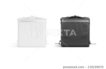Blank black and white delivery bag mockup png, front view, transparent background, 3d rendering. Empty fastfood packaging or case mock up cut out. Takeout thermo box for pizza delivering template. 139299070