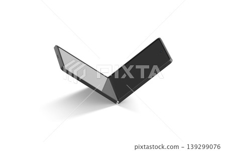 Blank black flexible chamshell phone display half folded mockup png, transparent background,3d rendering. Empty flexibility touchscreen innovation mock up cut out. Clear digital folded book telephone. Blank black flexible chamshell phone display half folded mockup png, transparent background,3d rendering. Empty flexibility touchscreen innovation mock up cut out. Clear digital folded book telephone. 139299076