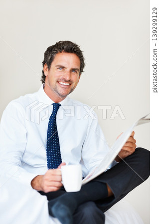 Businessman, portrait and happy with coffee or newspaper in bedroom of home for morning routine and news. Entrepreneur, person and face with article, cappuccino or espresso for story and information Businessman, portrait and happy with coffee or newspaper in bedroom of home for morning routine and news. Entrepreneur, person and face with article, cappuccino or espresso for story and information 139299129