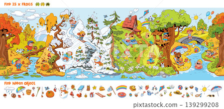 Colorful children hidden object puzzle featuring four seasons in one panoramic scene Colorful children hidden object puzzle featuring four seasons in one panoramic scene 139299208