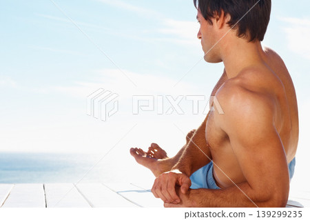 Sea, relax and shirtless man on a deck with a view of the water in summer while on holiday or vacation. Freedom, ocean or sky and the body of a young tourist tanning outdoor on a pier with space 139299235