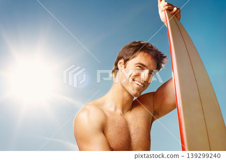 Man, surfing and board with space in sunshine, sky and summer for fitness, health or vision for training. Athlete, surfboard and outdoor on holiday, start and thinking for idea, workout and mockup Man, surfing and board with space in sunshine, sky and summer for fitness, health or vision for training. Athlete, surfboard and outdoor on holiday, start and thinking for idea, workout and mockup 139299240