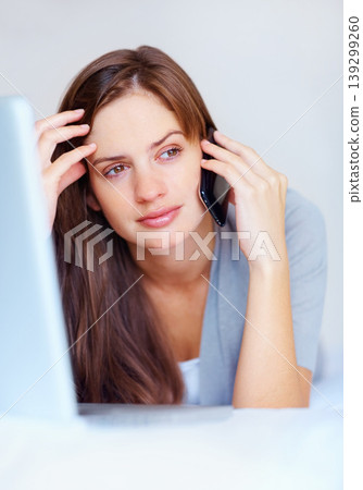 Thinking, phone call and woman on bed with laptop, communication and networking. Internet, morning and girl with cellphone, computer and listening in bedroom with conversation, connection and chat. Thinking, phone call and woman on bed with laptop, communication and networking. Internet, morning and girl with cellphone, computer and listening in bedroom with conversation, connection and chat. 139299260