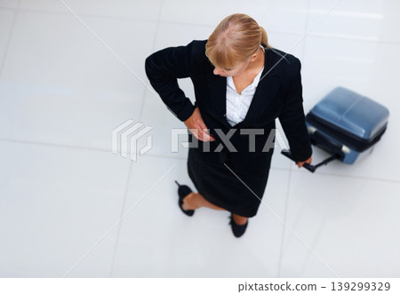 Travel, top view airport and business woman waiting for plane departure, holiday transportation or international flight trip. Lobby, airplane suitcase and corporate agent journey on hotel ground 139299329