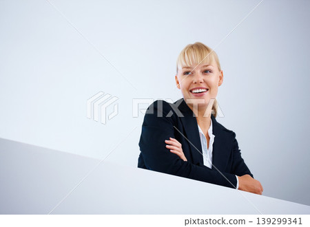 Management, smile and thinking with a business woman on the balcony inside an office for planning. Corporate, vision and a happy young manager in the workplace for professional company growth Management, smile and thinking with a business woman on the balcony inside an office for planning. Corporate, vision and a happy young manager in the workplace for professional company growth 139299341