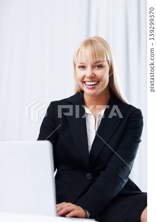 Portrait, businesswoman and laugh with laptop for funny joke, social media post or meme on internet. Happy person, manager and smile for typing, message or information on technology for connectivity Portrait, businesswoman and laugh with laptop for funny joke, social media post or meme on internet. Happy person, manager and smile for typing, message or information on technology for connectivity 139299370