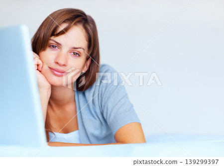 Home, portrait and woman with a laptop, relax and connection with mockup space, network and smile. Face, person and girl with computer, internet or website information with a break, pc and technology Home, portrait and woman with a laptop, relax and connection with mockup space, network and smile. Face, person and girl with computer, internet or website information with a break, pc and technology 139299397