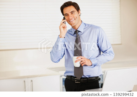 Happy businessman, phone call and coffee for discussion or communication in kitchen at home. Man or employee smile and talking on mobile smartphone for morning conversation with cup of tea at house Happy businessman, phone call and coffee for discussion or communication in kitchen at home. Man or employee smile and talking on mobile smartphone for morning conversation with cup of tea at house 139299432