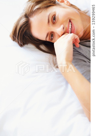 Relax, blanket and portrait of happy woman on bed for sleeping, dreaming and comfortable. Smile, home and face of person in bedroom resting, nap and wake up for health, wellness and calm in morning Relax, blanket and portrait of happy woman on bed for sleeping, dreaming and comfortable. Smile, home and face of person in bedroom resting, nap and wake up for health, wellness and calm in morning 139299465